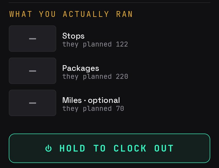 WHAT YOU ACTUALLY RAN: three empty boxes for stops, packages and miles, each with the board's number next to it (they planned 122, 220, 70). Under them the HOLD TO CLOCK OUT button.