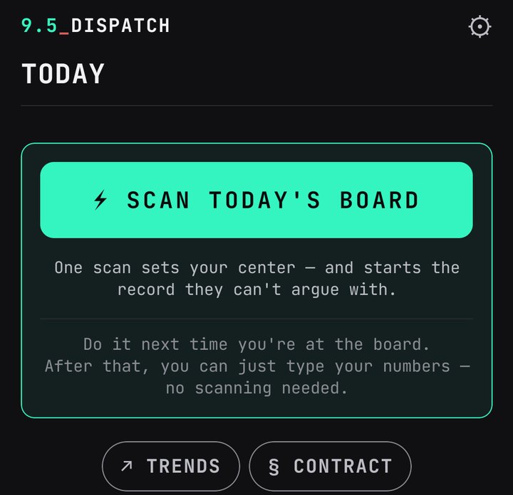 A brand-new driver's Today page: only a SCAN TODAY'S BOARD button, with TRENDS and CONTRACT below.