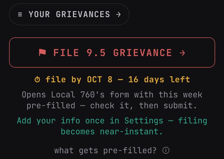 YOUR GRIEVANCES button, the FILE 9.5 GRIEVANCE button, the deadline to file, and a note that the form opens pre-filled.