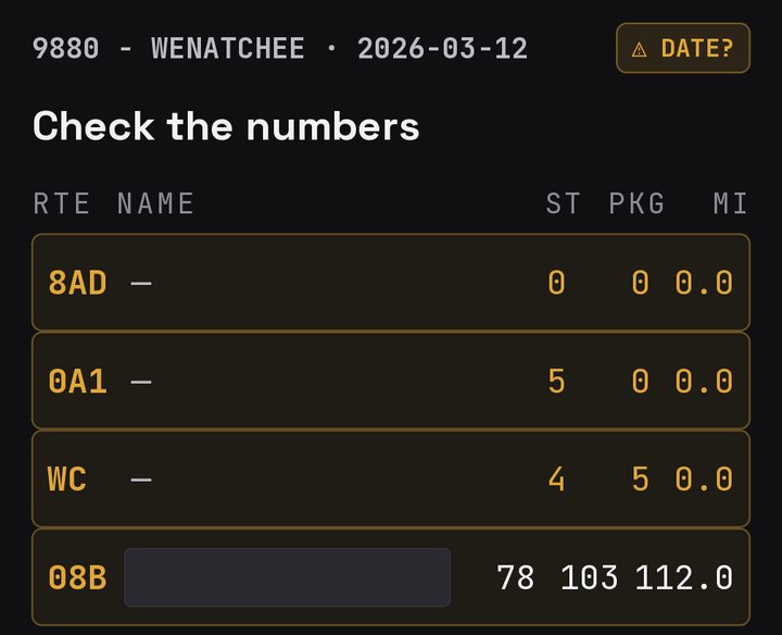 Top of the Check the numbers screen: 9880 - WENATCHEE and the date it read, a yellow DATE? button, then the first routes. Three unnamed routes with small yellow numbers; route 08B is outlined in yellow because its route is yellow. The name is covered.