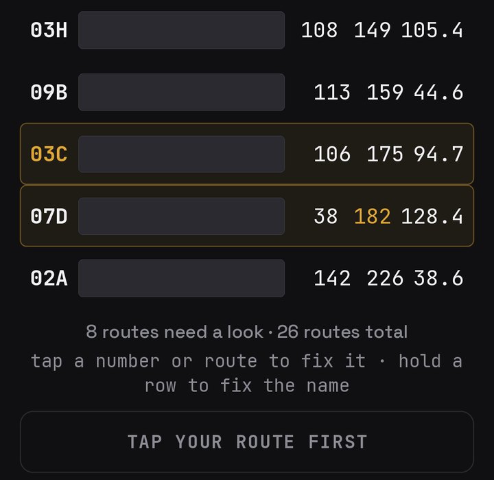 More routes on the Check the numbers screen. Route 07D has one yellow number, its packages. Under the list: 8 routes need a look, 26 routes total, and the hint: tap a number or route to fix it, hold a row to fix the name. At the bottom, a gray TAP YOUR ROUTE FIRST button. Names are covered.
