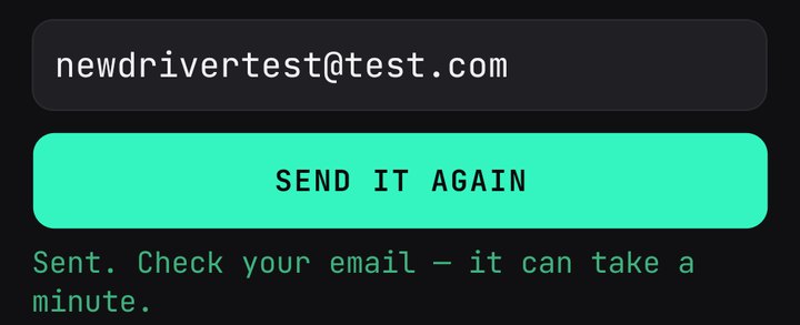 After tapping: the button now says SEND IT AGAIN, and a green line says Sent. Check your email, it can take a minute.