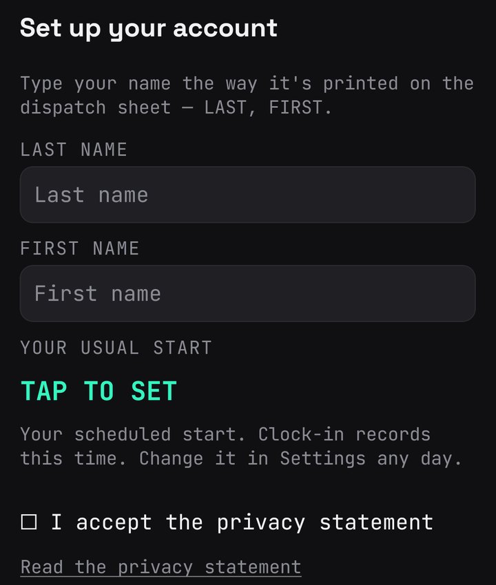 Set up your account: LAST NAME and FIRST NAME boxes, YOUR USUAL START with TAP TO SET, and the I accept the privacy statement checkbox.